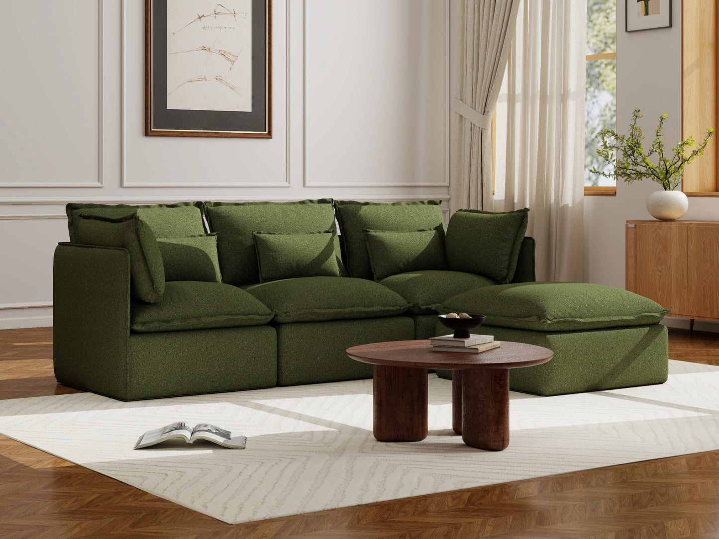 Lifely Modular 3 Seater Sofa Ottoman - Olive Green