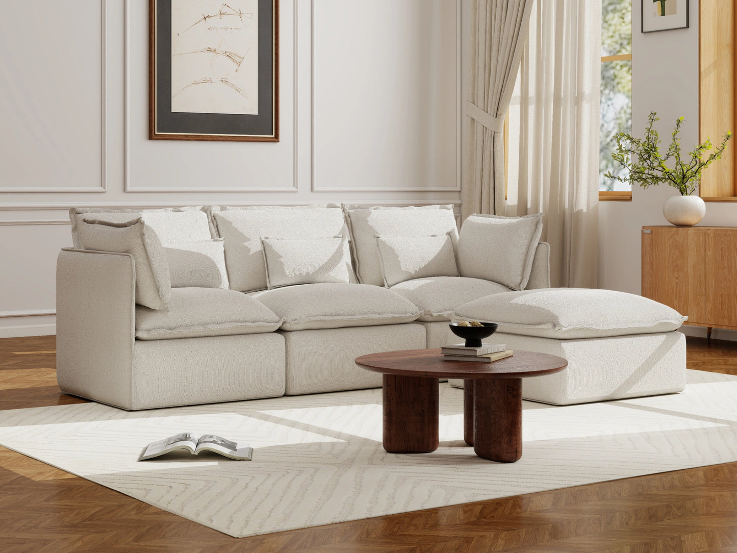 Lifely Modular 3 Seater Sofa Ottoman - White Boucle