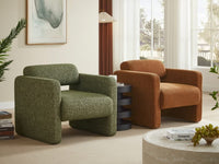 Two armchairs, one green and one brown, in a living room setting with a coffee table and decorative items.